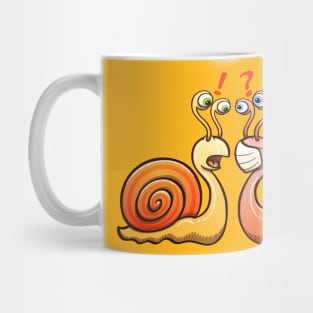 A snail carrying its shell and a slug wearing a face mask have an encounter Mug